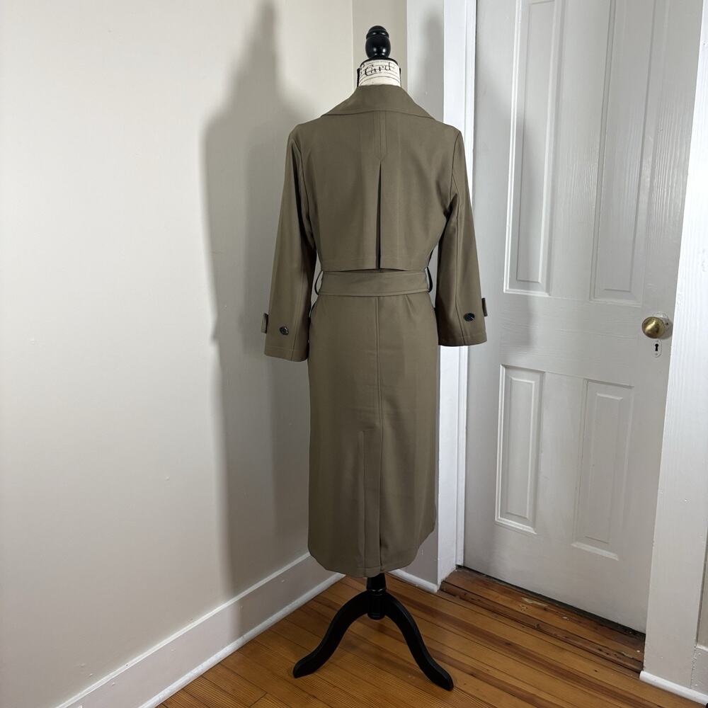 Avec Les Filles Stretch Crepe Double Breasted Belted Trench Coat Olive Green M - Picture 15 of 15